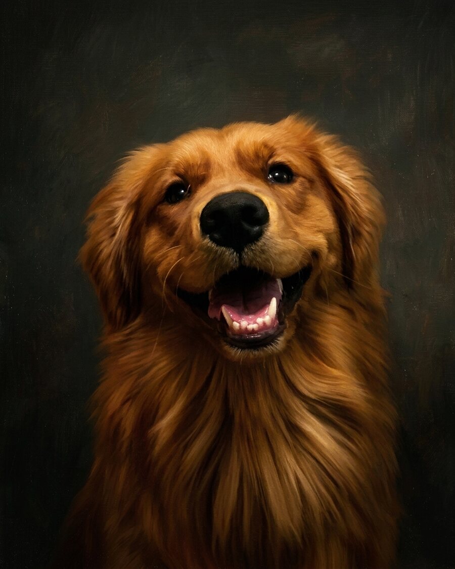 Classic oil pet portrait of the same golden retriever