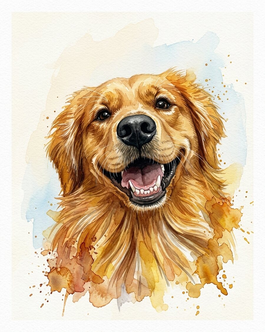 Watercolor pet portrait of the same golden retriever